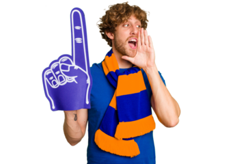 Young caucasian sports fan man isolated on white background shouting and holding palm near opened mouth.