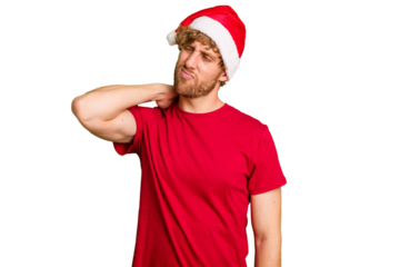Young caucasian man wearing a Christmas Santa hat isolated on white background touching back of head, thinking and making a choice.