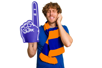 Young caucasian sports fan man isolated on white background covering ears with hands.
