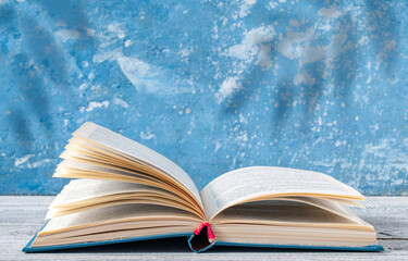 An open book on a gray surface with a blue background with shadows of leaf branches