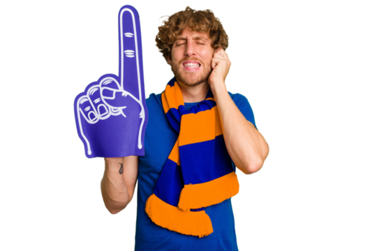 Young caucasian sports fan man isolated on white background covering ears with hands. - Powered by Adobe
