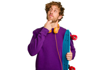 Young skater caucasian man isolated on white background looking sideways with doubtful and skeptical expression.