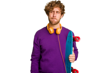 Young skater caucasian man isolated on white background confused, feels doubtful and unsure.