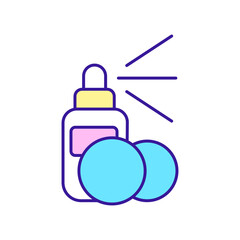 Toning skincare product RGB color icon. Spray bottle and cotton pads. Beauty routine step. Isolated raster illustration. Simple filled line drawing