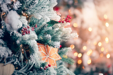 Christmas red pine tree with background bokeh light, New Year sign. Copy space banner