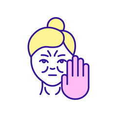 Avoid antiaging cosmetic products RGB color icon. Wrinkle treatment. Skincare routine for wellness. Isolated raster illustration. Simple filled line drawing