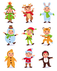 Cute kids in Christmas costumes. Funny children with holiday clothes. New Year characters. Xmas celebration. Babies festive outfits. Santa elf and animal clothing. Splendid vector set