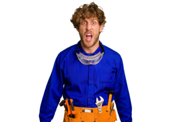 Young caucasian electrician man isolated on white background screaming very angry and aggressive.