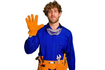 Young caucasian electrician man isolated on white background smiling cheerful showing number five with fingers.