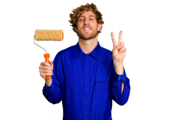 Young painter man holding a roll isolated on white background showing number two with fingers.