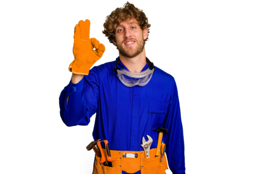 Young caucasian electrician man isolated on white background cheerful and confident showing ok gesture. - Powered by Adobe
