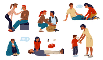 First medical aid scenes. Emergency procedures. Saving persons life. Medics help to victims. People in dangerous situations. Chest compression and injury bandage. Garish vector set