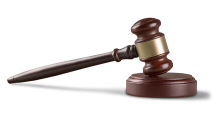 Wooden gavel on wooden table, on  background