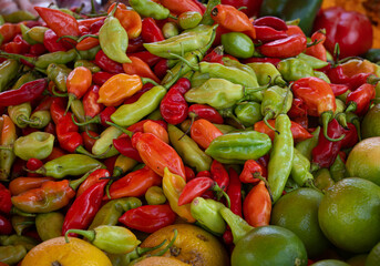 Peppers on sale on market stall in Pointe à Pitre, Guadeloupe, French West Indies