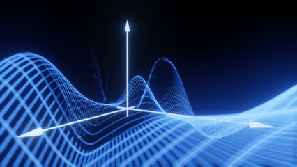 Mathematical formula equation axis visualization, modern abstract grid, wireframe structure, digital technology science concept 3D render isolated on black background with copy space for text