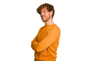 Young caucasian man isolated on green chroma background confident keeping hands on hips.