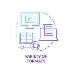 Variety of formats blue gradient concept icon. Elearning platforms features abstract idea thin line illustration. Isolated outline drawing