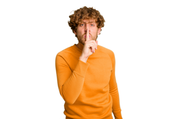 Young caucasian man isolated on green chroma background keeping a secret or asking for silence.