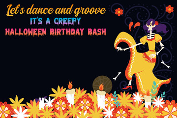 Halloween birthday bash party invitation card blank template for girl spooky creepy