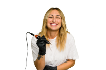 Tattoo artist caucasian woman isolated on green chroma background laughing and having fun.