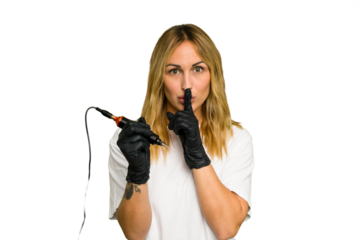 Tattoo artist caucasian woman isolated on green chroma background keeping a secret or asking for silence.