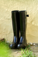 Schwarze Gummistiefel im Garten vor gelber Wand
