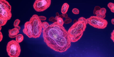 Pox, Mpox (monkey pox) virus flow with DNA inside. 3d visualization, glowing, neon light on dark background