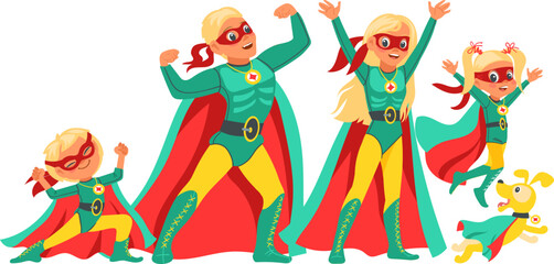 Obraz na płótnie Canvas Super hero family. Happy parents with children and pets in colorful costumes. Comic characters. Strong mother and father. Brave kids. Superheroes in masks and capes. Vector illustration