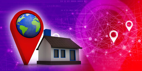 3d illustration Search for Property. A Map with Large Red GPS Pointer near home
