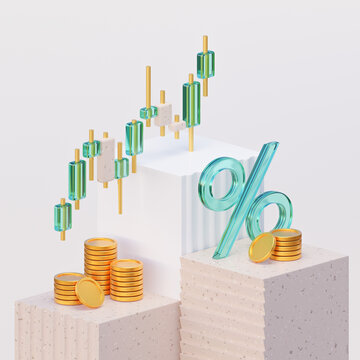 Candle chart with gold coins and a percentage sign on a stone cubes for finance, business and trading. 3d illustration
