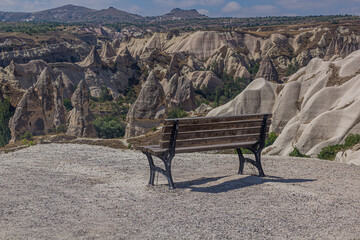 Bench at the Pigeon valley viewpoint in Cappadocia, Turkey