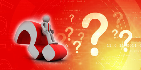 3d illustration man lying on a red question mark 