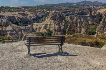 Bench at the Pigeon valley viewpoint in Cappadocia, Turkey