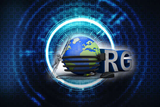 3d illustration internet domain org connected mouse with mobile charging cable connected globe near technician