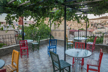 VIew of a terrace in Goreme cave town in Cappadocia, Turkey