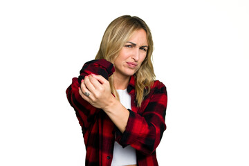 Naklejka premium Young caucasian woman isolated on green chroma background having a neck pain due to stress, massaging and touching it with hand.