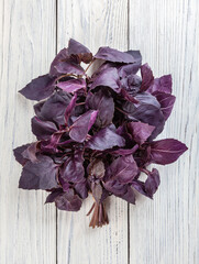 Fresh purple basil leaves on white wooden background