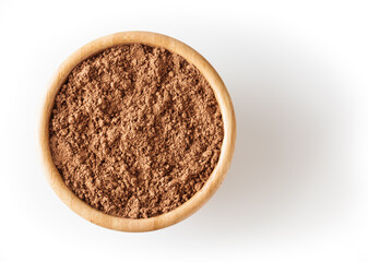 Cocoa powder in wooden bowl isolated on white background with clipping path