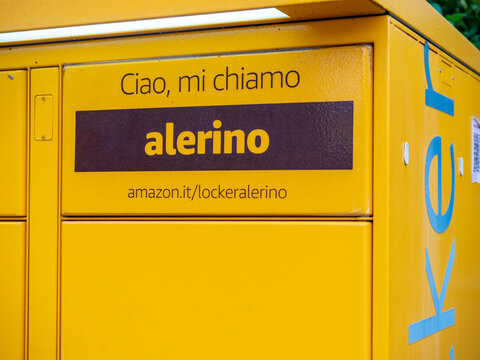 Cremona, Italy - 14th October 2002 Amazon locker system for customers order picking outdoors in a parking lot