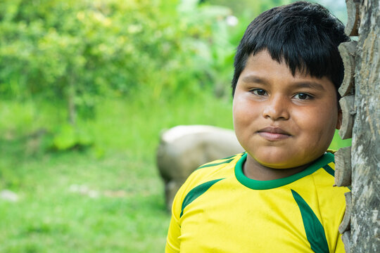 portrait of a latin indian boy, leaning his face on a wall made of wooden cans. black-haired brown boy with a yellow t-shirt, very happy, surrounded by green nature.