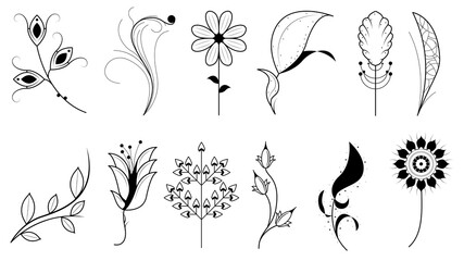 Abstract Set Doodle Elements Hand Drawn Collection Botanic Herbal Flora Leaf Branch Vine Flower Plant Elements Vector Desgin Style