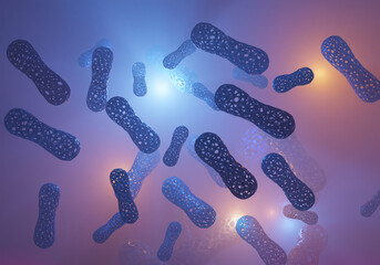 Microbiome of immunity. Beneficial bacteria background. Immune system people. Probiotics in human immune system. Microbiome background. Probiotic wallpaper. Microbiome elements volumetric. 3d image.