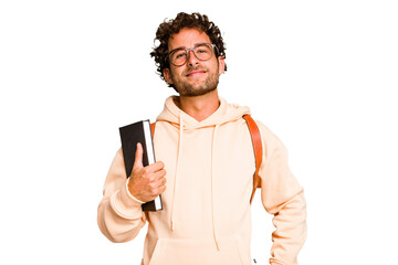 Young caucasian student man isolated happy, smiling and cheerful.