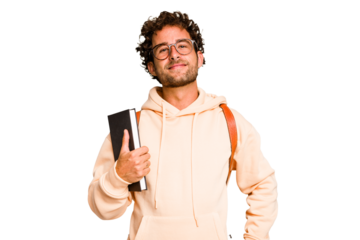 Young caucasian student man isolated happy, smiling and cheerful.