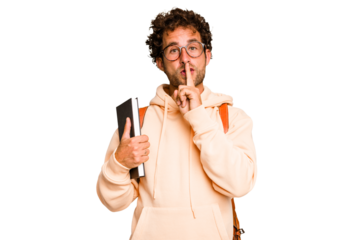 Young caucasian student man isolated keeping a secret or asking for silence.