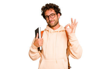 Young caucasian student man isolated cheerful and confident showing ok gesture.