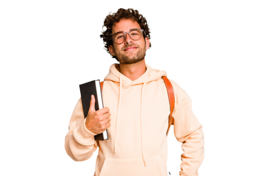 Young caucasian student man isolated happy, smiling and cheerful.