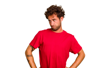 Young caucasian curly hair man isolated Young caucasian man with curly hair isolated confused, feels doubtful and unsure.
