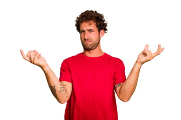 Young caucasian curly hair man isolated Young caucasian man with curly hair isolated doubting and shrugging shoulders in questioning gesture.
