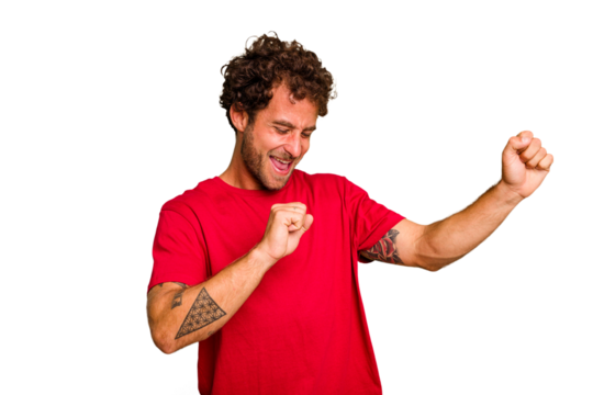 Young caucasian curly hair man isolated Young caucasian man with curly hair isolated dancing and having fun.